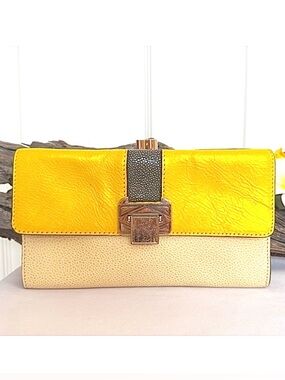 REBECCA MINKOFF ~ Cream Clutch w/Yellow and Gray Accents Gold Toned Hardware